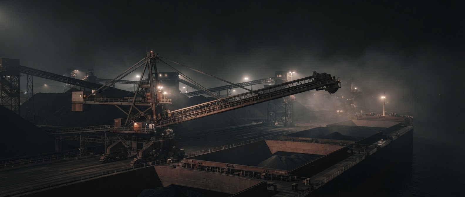 Bulk export terminal at night, shiploader working a berthed vessel