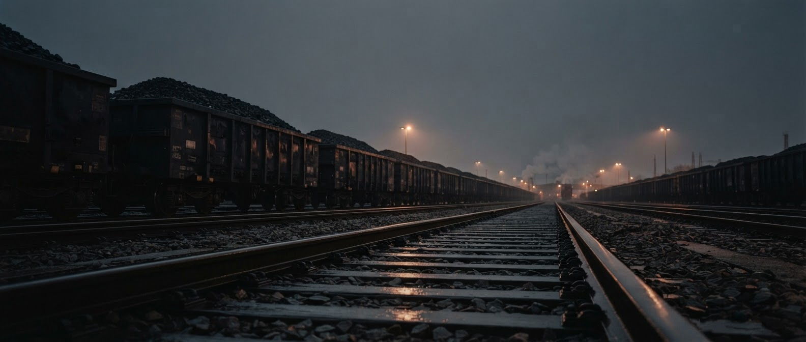 Loaded coal wagons standing in a rail yard at dusk